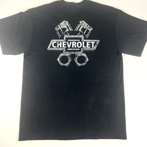 New Chevrolet T-Shirt Bowtie Engine Piston‎ Cotton Men’s L Black Short Sleeve - Picture 1 of 9
